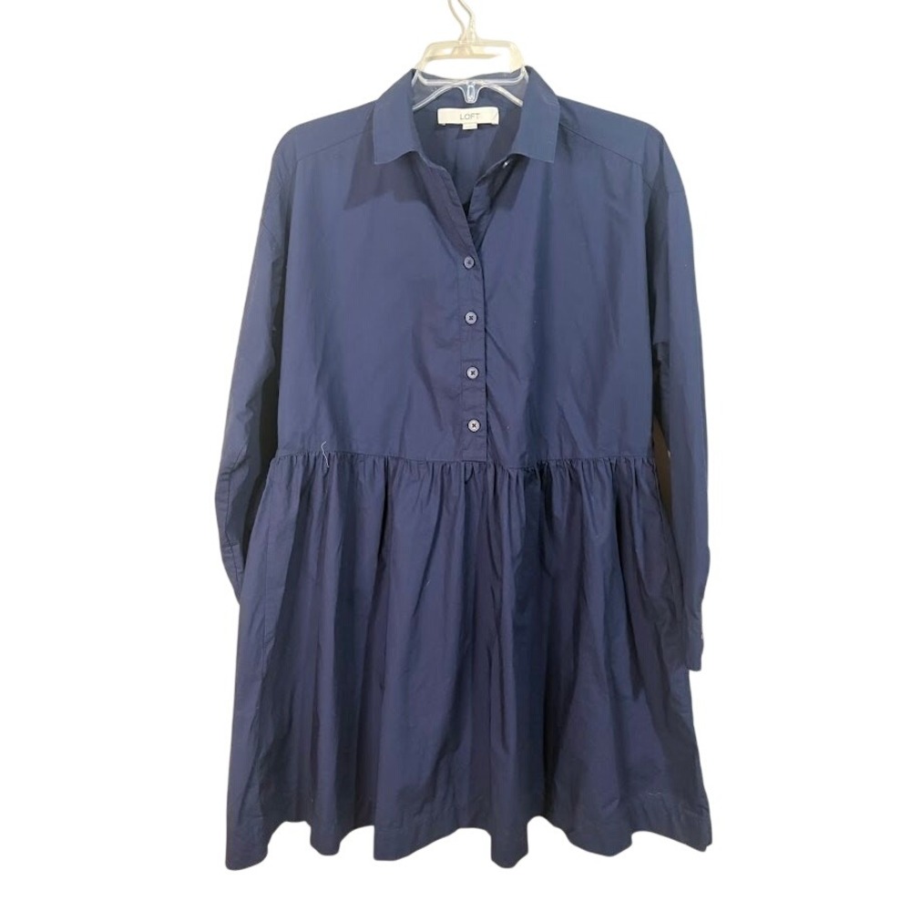 LOFT Shirtdress Womens Small Navy Blue‎ Excellent Cotton Long Sleeve Babydoll